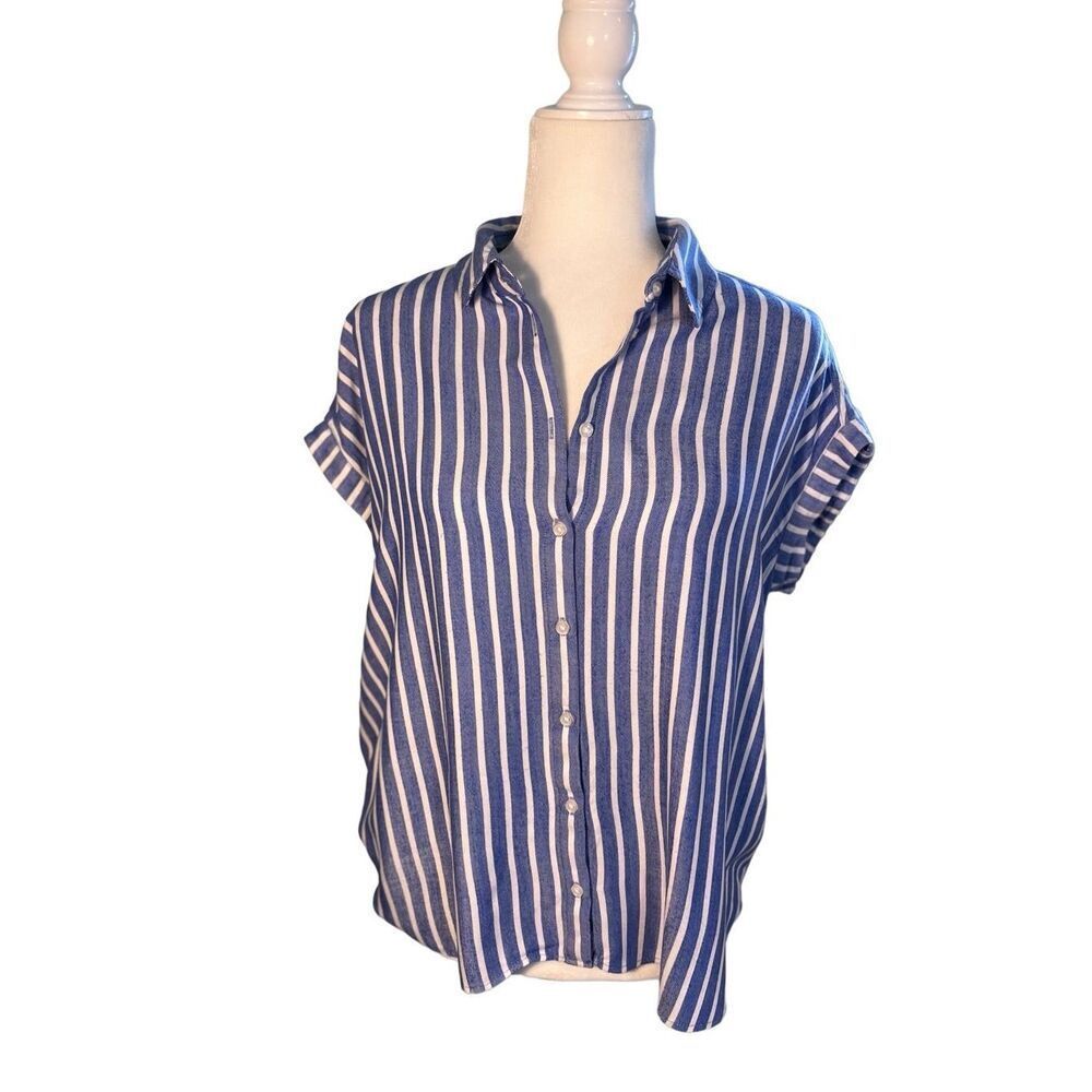 F&F blue and white striped short folded sleeve button down blouse - 6